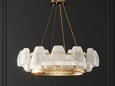 Modern Elegant Chandelier With White Translucent Shades Golden Frame And Dark Wall Background 3d model