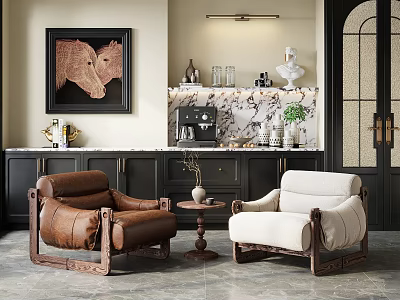 Brown Leather And Beige Armchairs With Wooden Armrests In Room With Wall Painting Dark Cabinets 3d model