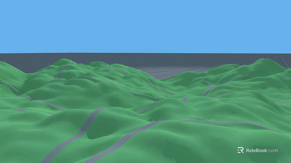 Green Undulating Terrain Sculpture Carving With Gray Lines And Blue Sky 3d model 