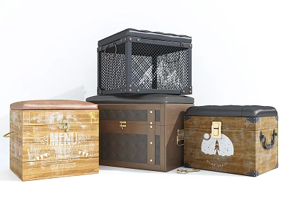 Vintage Storage Trunks Collection Featuring Wooden Metal Mesh Leather Trim And Decorative Patterns 3d model