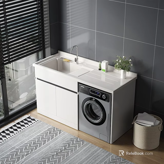 Bathroom Vanity Cabinet with Washing Machine White Countertop Sink Faucet Toiletries and Potted Plant 3d model 