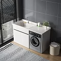 Bathroom Vanity Cabinet with Washing Machine White Countertop Sink Faucet Toiletries and Potted Plant