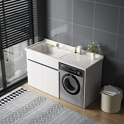 Bathroom Vanity Cabinet with Washing Machine White Countertop Sink Faucet Toiletries and Potted Plant 3d model