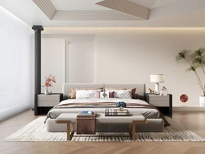 Modern Double Bed Room Interior With Bedside Tables Lamps And Bench 3d model