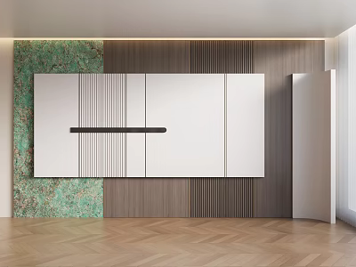 Modern Interior Wall Design With Green Panel Wooden Slats White Door And Herringbone Floor 3d model