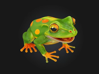 Green Aquatic Frog With Orange Spots Orange Feet And Open Mouth On Black Background 3d model