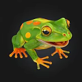 Green Aquatic Frog With Orange Spots Orange Feet And Open Mouth On Black Background
