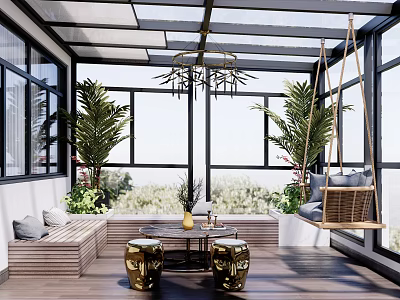Sunroom Interior Design With Glass Roof Chandelier Swing Chair Palm Plants And Wooden Floor 3d model