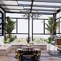 Sunroom Interior Design With Glass Roof Chandelier Swing Chair Palm Plants And Wooden Floor
