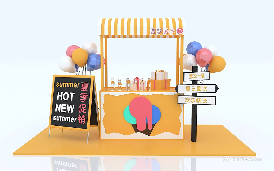 Colorful Summer Ice Cream Stand With New Products Promotion Balloons And Directional Signposts 3d model 