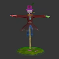 Scarecrow in Formal Attire with Top Hat and Cigar on Green Grass with Pink Flowers