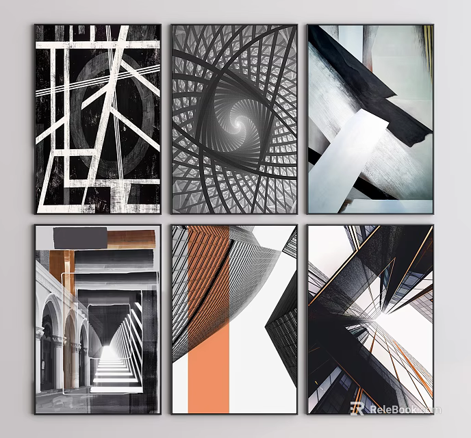 Modern Abstract Art Paintings With Geometric Lines Black White And Orange Tones 3d model 
