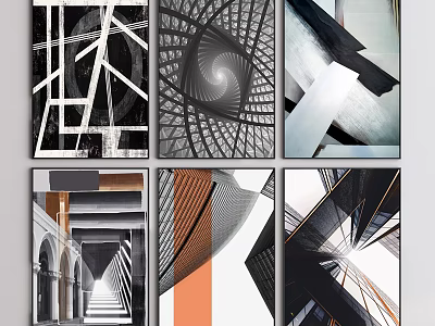 Modern Abstract Art Paintings With Geometric Lines Black White And Orange Tones 3d model