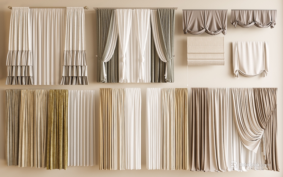 Various Curtains In Different Styles And Colors For Home Window Decor And Interior Design 3d model 