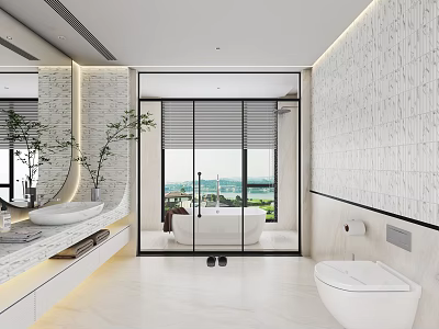 Modern Bathroom Interior Design With Marble Walls Large Mirror Bathtub And Window View 3d model