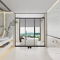 Modern Bathroom Interior Design With Marble Walls Large Mirror Bathtub And Window View