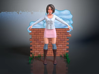 Woman In White Sweater Pink Skirt Standing By Brick Wall With Blue Cloud Green Grass 3d model