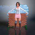 Woman In White Sweater Pink Skirt Standing By Brick Wall With Blue Cloud Green Grass