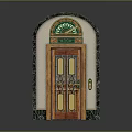 Ornate Wooden Entrance Door With Arched Top Green Trim Glass Panels And Side Cabinets
