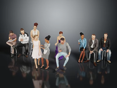 Group of Diverse People in Various Poses and Casual Clothing on Reflective Surface 3d model