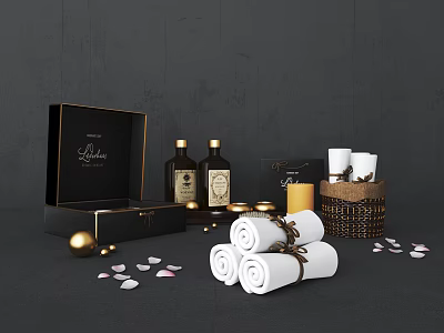 Luxury Decorative Ornament Set with Black Gift Box Brown Bottles White Towels and Pink Petals 3d model