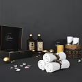 Luxury Decorative Ornament Set with Black Gift Box Brown Bottles White Towels and Pink Petals