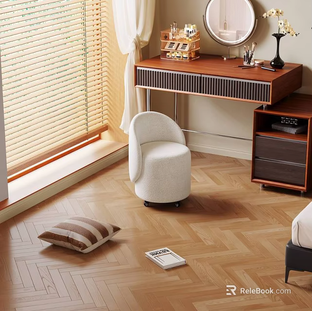 Modern Room Interior With White Stool Wooden Desk Blinds Striped Cushion And Wooden Floor 3d model 