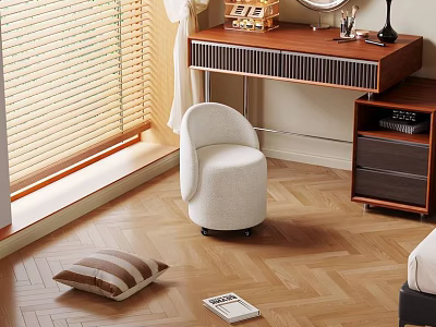Modern Room Interior With White Stool Wooden Desk Blinds Striped Cushion And Wooden Floor 3d model