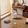 Modern Room Interior With White Stool Wooden Desk Blinds Striped Cushion And Wooden Floor