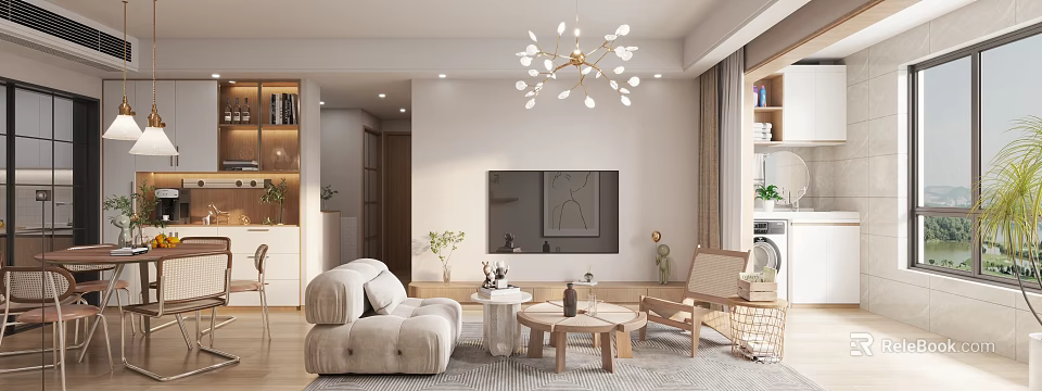 Modern Living Dining Room Interior With Beige Sofa Wooden Coffee Table And Gold Chandelier 3d model