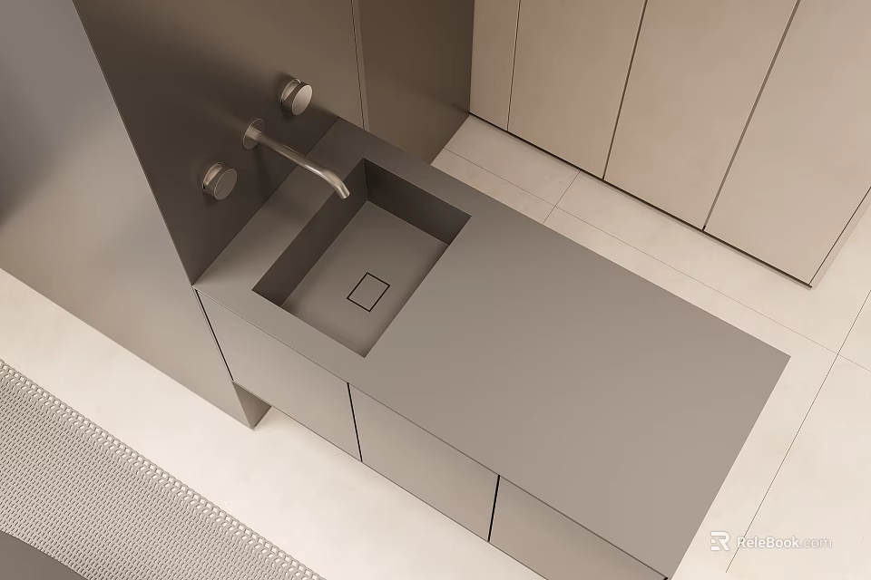 Modern Gray Kitchen Cabinets With Built in Sink And Smooth Countertop 3d model 