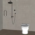 Modern Bathroom Suite With Shower System Toilet Vertical Stripe Tiles And Wooden Floor