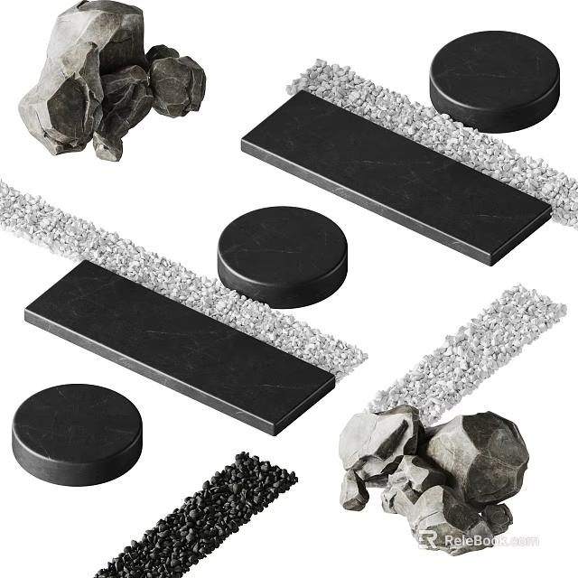 Natural Stone and Wood Decorative Materials With Slabs Blocks and Gravel 3d model 