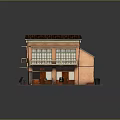 Cartoon Scene Two Story Building Tiled Roof Balcony Wooden Doors Outdoor Tables Chairs Red Object