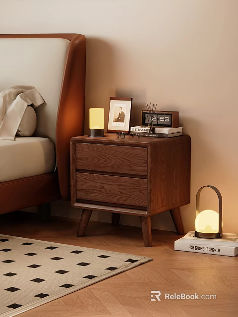 Modern Wooden Nightstand With Two Drawers Lamp Photo Frame And Books In Cozy Bedroom 3d model 