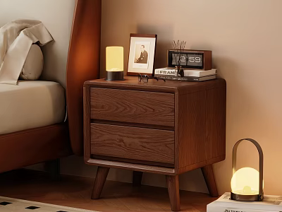 Modern Wooden Nightstand With Two Drawers Lamp Photo Frame And Books In Cozy Bedroom 3d model