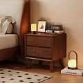 Modern Wooden Nightstand With Two Drawers Lamp Photo Frame And Books In Cozy Bedroom