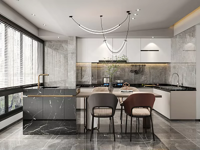 Modern Dining Living Room Interior With Marble Island Pendant Lights And Dining Chairs 3d model
