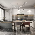 Modern Dining Living Room Interior With Marble Island Pendant Lights And Dining Chairs