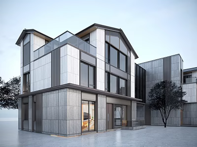 Modern Townhouse Exterior Design With Gray White Facade And Large Windows 3d model