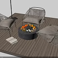 Stylish Metal Frame Outdoor Chairs With Umbrella And Fire Pit Table On Wooden Deck