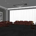 Spacious Reception Area Interior Featuring Orange Sofas Gray Carpet Large Windows And Chandelier 3d model