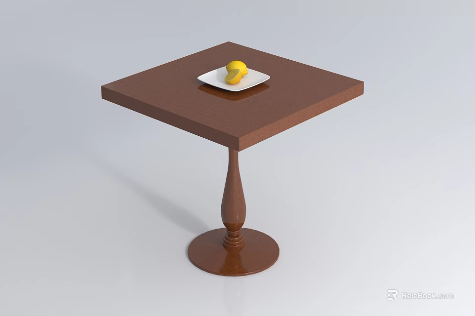 Brown Square Coffee Table With Cylindrical Base And White Plate Yellow Lemon 3d model