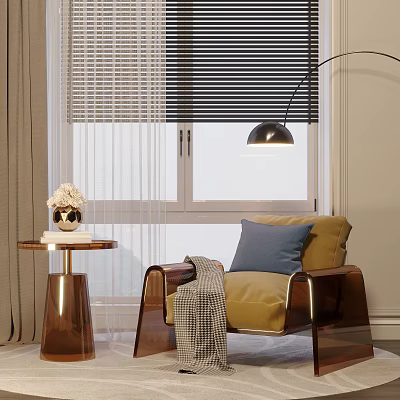 Yellow Single Sofa With Blue Cushion Grey Throw Near Table By Window Blinds Floor Lamp 3d model
