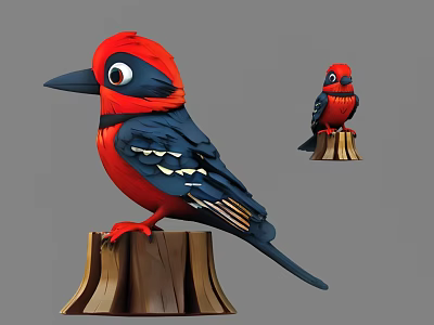 Colorful Red Headed Blue Bodied Bird Perched On Tree Stump With Gray Background 3d model