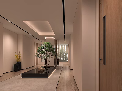 Modern Elevator Hallway With Plants Ceiling Lights And Mixed Flooring 3d model