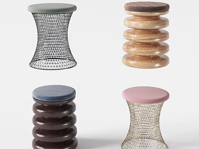 Modern Stacked And Wire Mesh Stools With Blue Pink Green Brown Seats 3d model