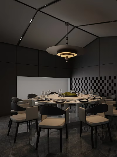 Modern Private Dining Room With Round Table Wine Glasses And Black White Checkerboard Walls 3d model