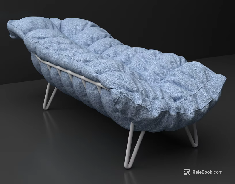 Blue Fabric Chaise Lounge With Puffy Cushions And White Metal Legs 3d model 