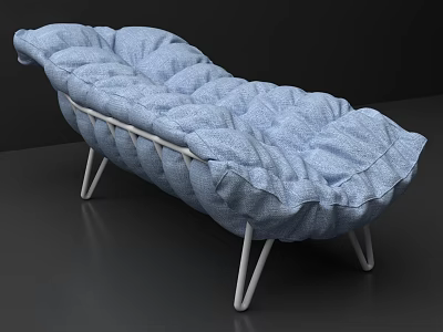 Blue Fabric Chaise Lounge With Puffy Cushions And White Metal Legs 3d model